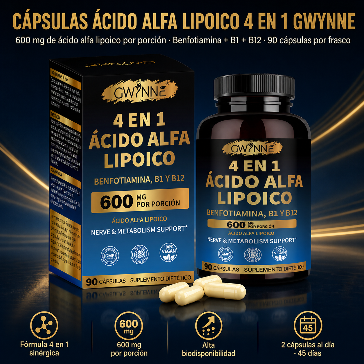 Gwynne 4 En 1 Ácido Alfa Lipoico 600mg 90 Cápsulas,suplemento Antioxidant, Para Los Nervos,energía Y Apoyo Al Metabolismo,con Benfotiamina,b1 Y B12