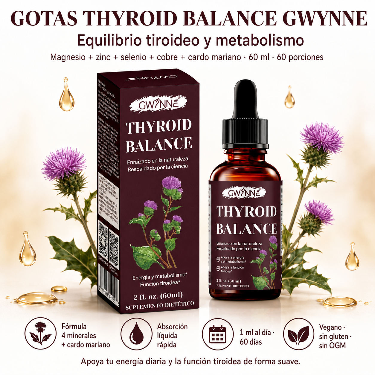 Gwynne Thyroid Balance Suplemento Líquido,con Magnesio,zinc,selenio,cobre,apoyo Equilibrio Tiroideo, Energía Y Metabolismo Saludable,60ml