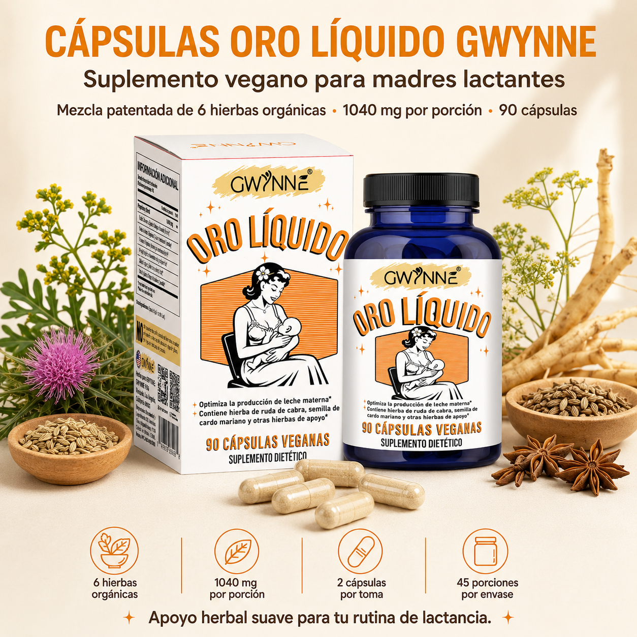 Gwynne Oro Líquido Suplemento Para Lactancia Materna,con Ruda Cabruna Orgánica,cardo Mariano,shatavari, Hinojo,alfalfa Y Anís,apoya La Producción De Leche Materna, 90 Cápsulas