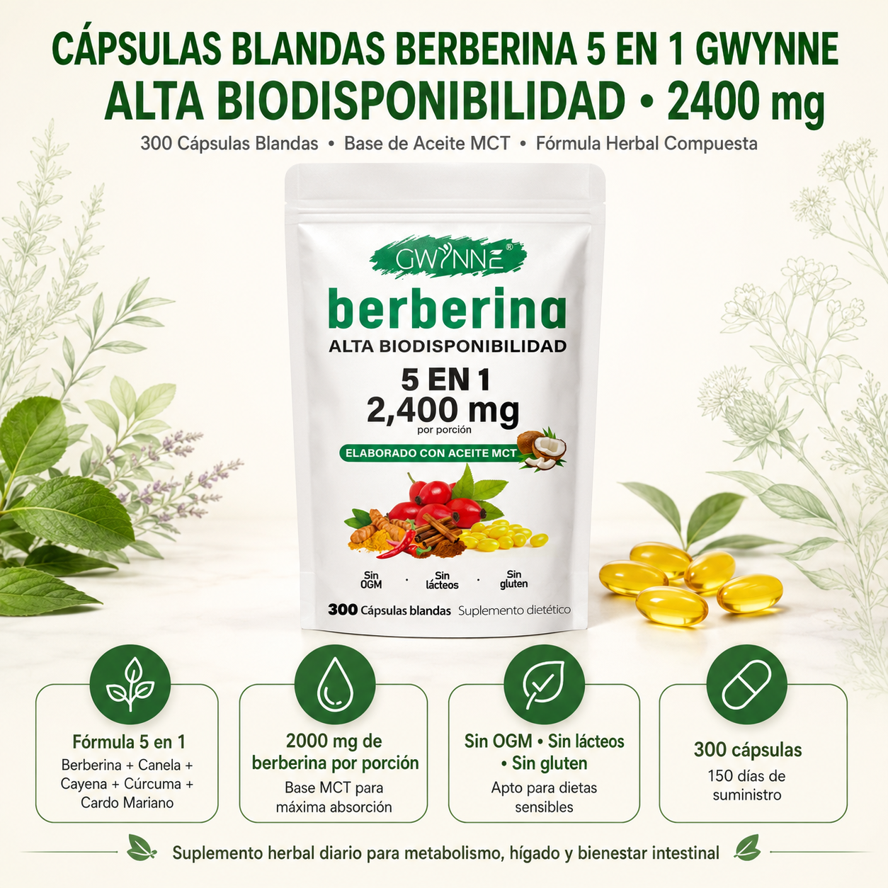 Berberina De 300 Cápsulas Blandas De 500mg *4 Pure Berberine GWYNNE