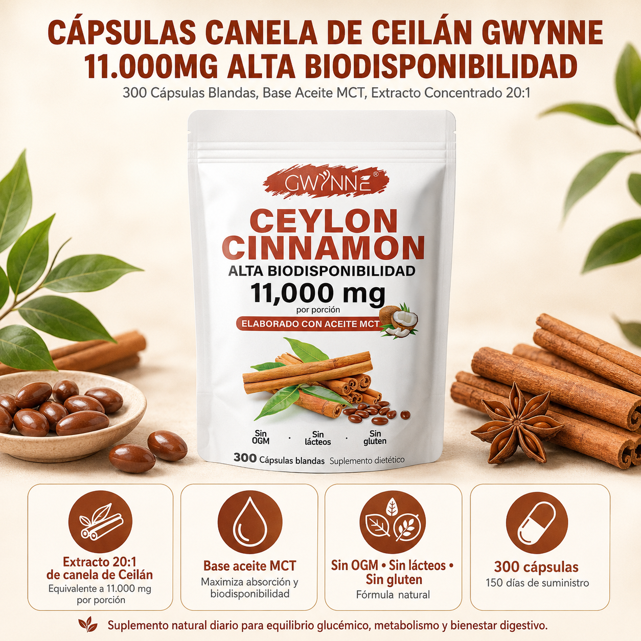 GWYNNE Ceylon Cinnamon 300 Capsules 20:1 con Aceite MCT,alta biodisponibilad 11000mg