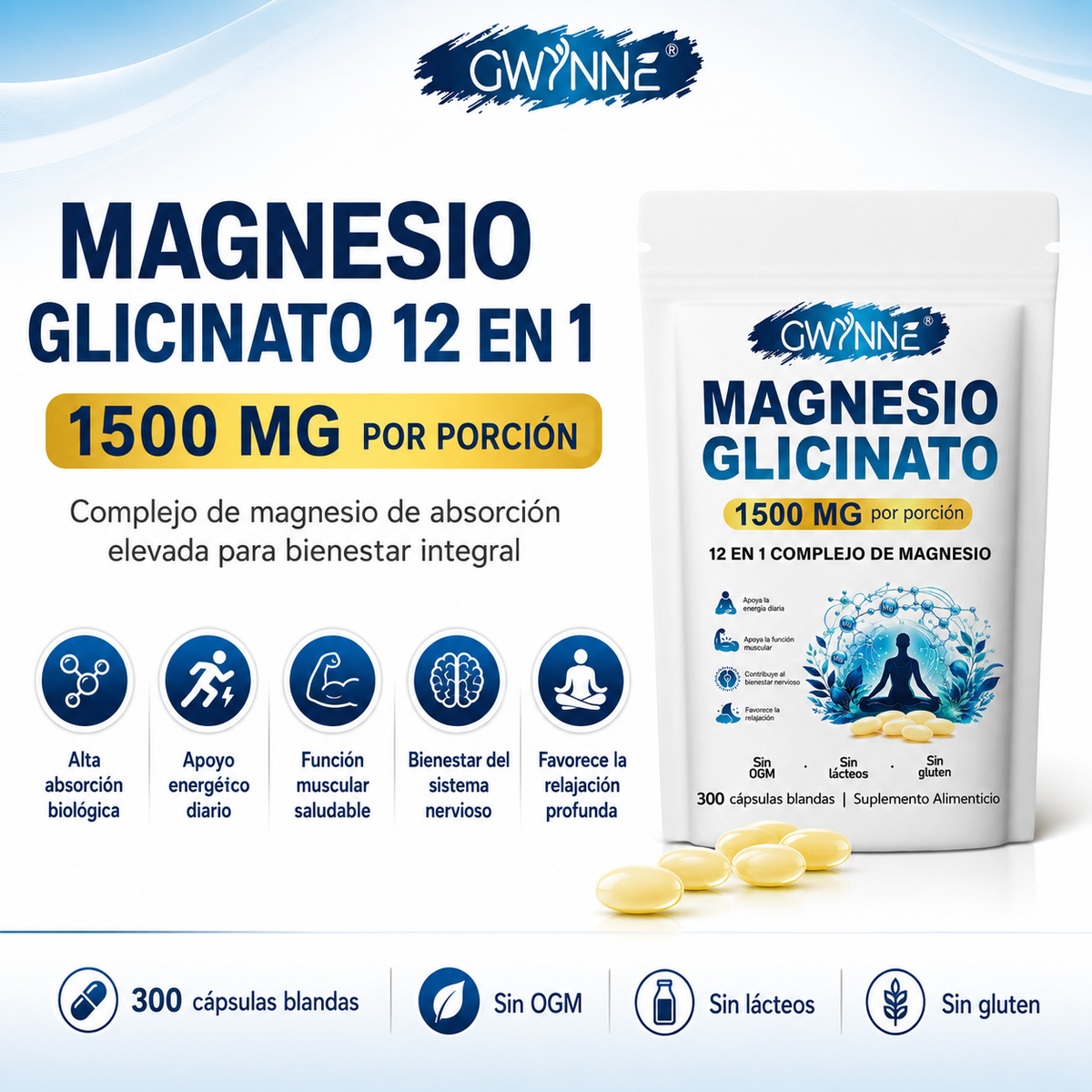 GWYNNE 12 en 1 Complejo de Magnesio 1500mg,con Glicinato De Magnesio,Citrato De Magnesio,Óxido De Magnesio,Musculo Relajación,300 bland Cápsulas