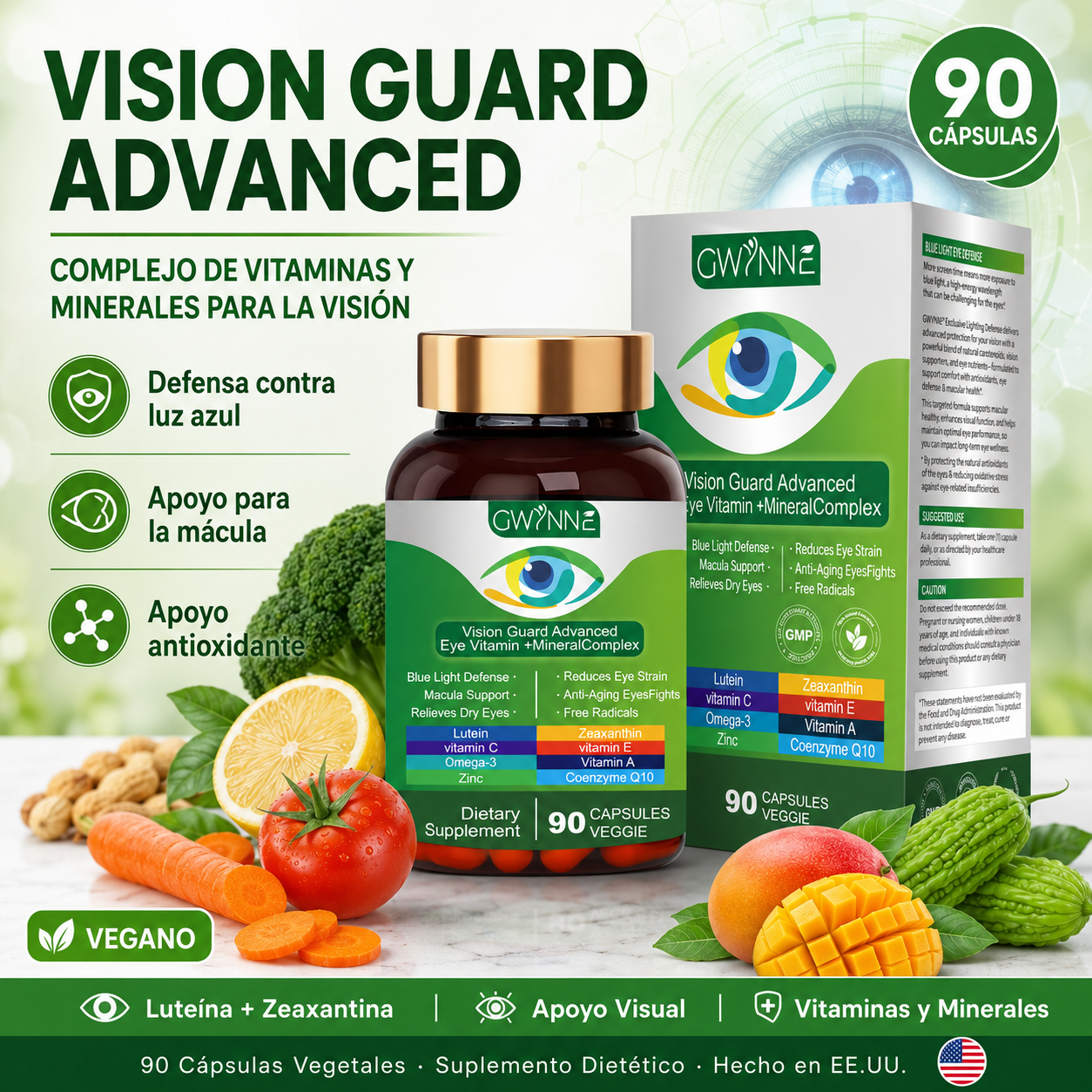 Gwynne Lutein Eye Vitamin Supplement 90 Cápsulas Suplemento Nutricional Para La Salud Macular Y El Ojo Seco Con Luteína, Zinc, Vitamina C/e Y Zeaxantina