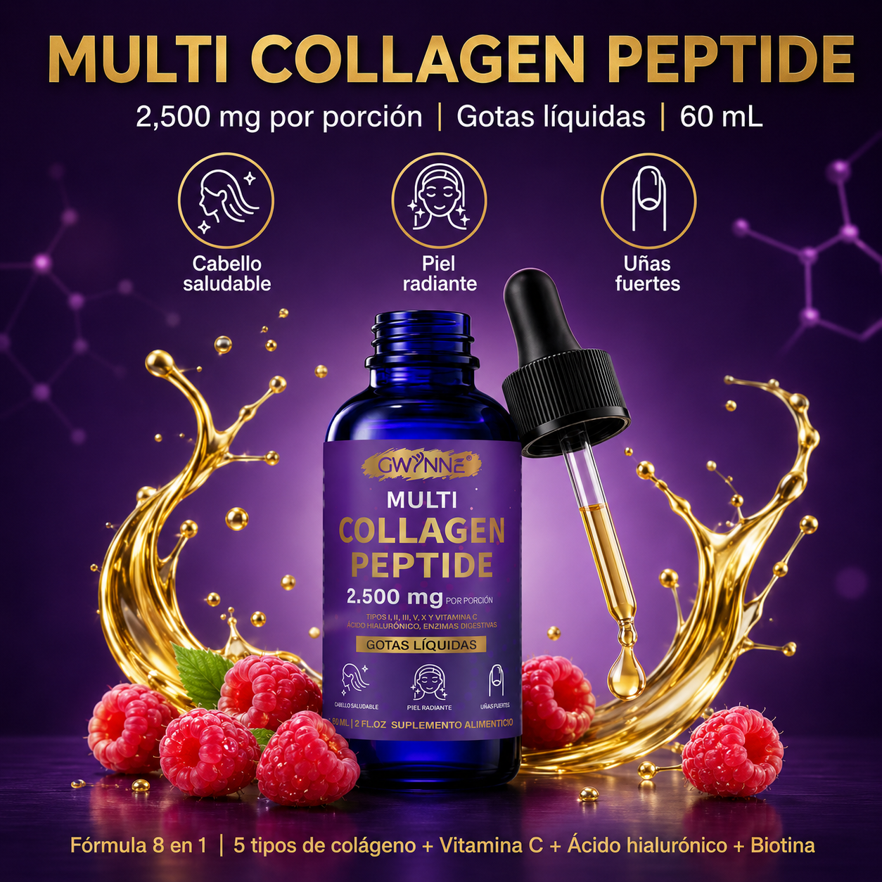 Gwynne Péptidos de Colágeno Múltiples Gotas 2500 mg,con Biotina y Ácido Hialurónico, complemento para el cuidado diario del cabello,la piel y las articulaciones,60ml