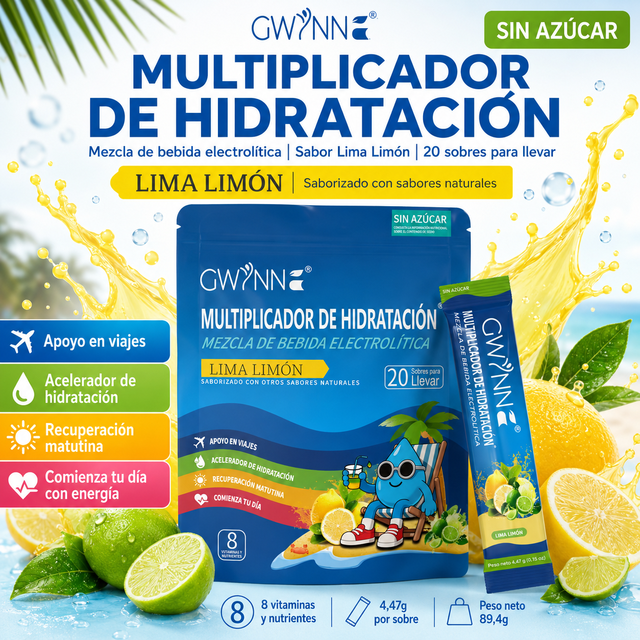 Gwynne Multiplicador De Hidratacion Mezcla De Bebida Electrolitica,supercalm Nutricional Bebidas Mixtas En Polvo Con Sodio ,vitamina C Y B12,sabor A Limón 20 Unidade