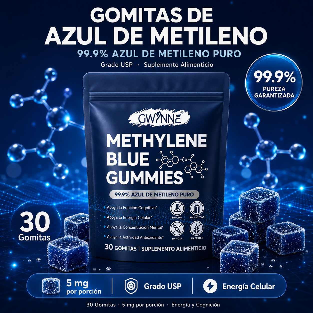 Gwynne Methylene Blue Gummies,99.9% Azul De Metileno Puro Grado Usp,apoyo A La Energía Celular Y Función Cognitiva,30 Gummies