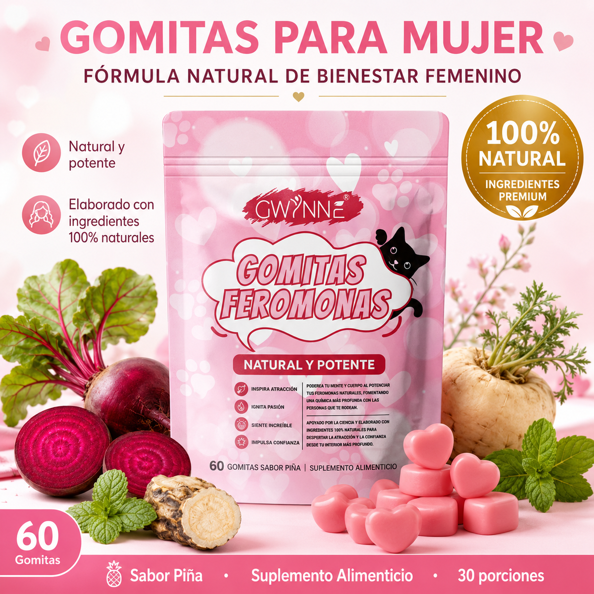 Gwynne Gummies Feromonas Con Corteza De Olmo Liso,l-arginina,maca Y Vitamina E Para Mujeres,mejorar Apoya El Encanto,apoya El Equilibrio,confianza Y Vibe Social,60 Gummies