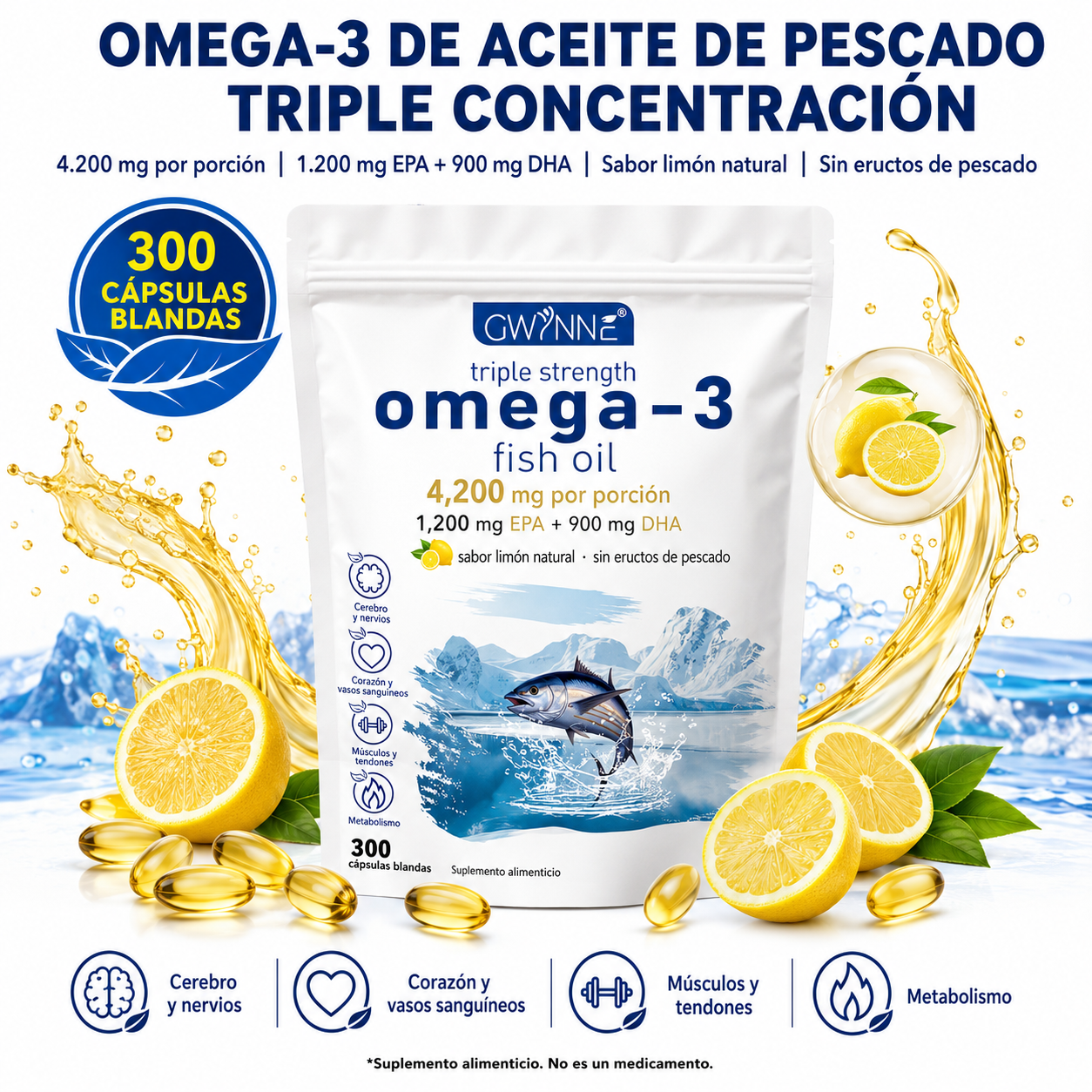 Gwynne Omega 3 Premium 4200mg 300 Cáps, Bacalao De Aguas Profundas Del Ártico Noruego, Que Contienen 1200mg Epa Y 900mg Dha Suplementos Alimentarios Para Apoyar La Salud Física De Mujere Y Hombre
