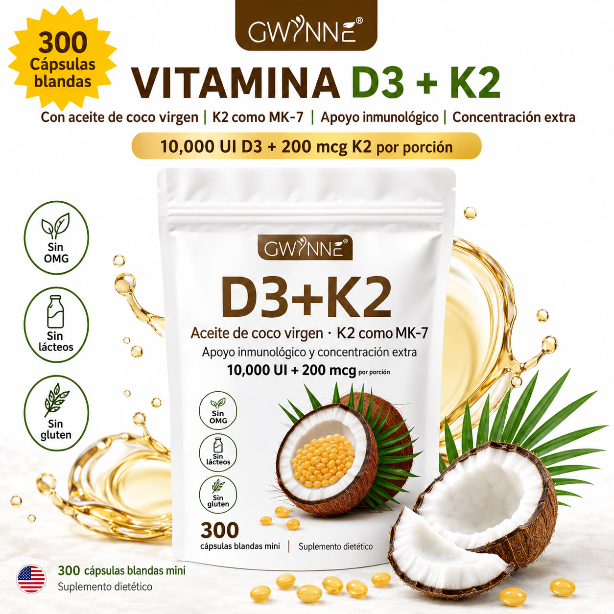 Gwynne Vitamina D3 10.000ui + K2 Mk-7 200mcg,2 En 1 Aceite De Coco Vírgenapoyo Óseo,inmunológico Y Cardíaco,300 Cáps