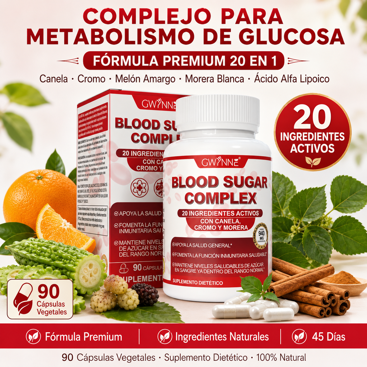 Gwynne Blood Sugar Complex Supplement,apoya Niveles Saludables De Azúcar En La Sangre,ya Dentro Del Rango Normal,con Vitaminac,e,biotina,magnesio,cromo,90 Capsules