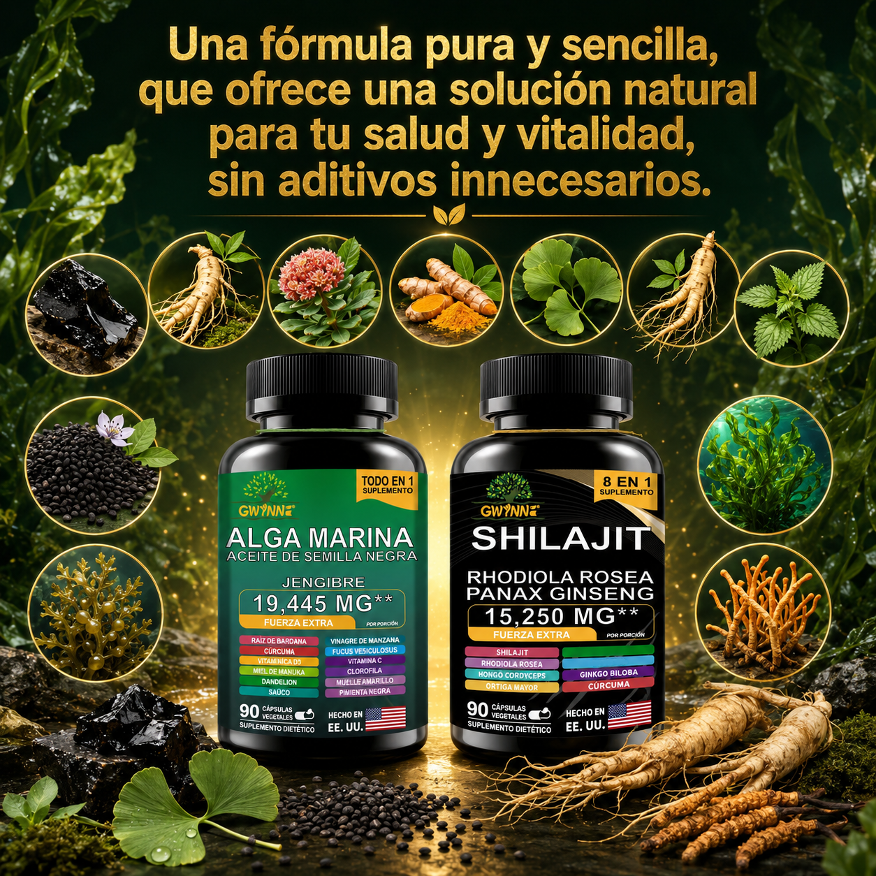 Gwynne All In 1 Shilajit Y Sea Moss Bundle 90 Cápsulas-contiene 29170 Mg De Musgo Marino, Aceite De Semilla Negra, Etc Y Contiene 22875 Mg De Shilajit,rhodiola Rosea, Etc