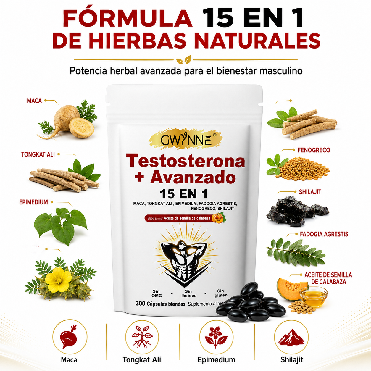 GWYNNE 15‑en‑1 Testosterona Avanzado Suplemento 300 Cápsulas con Maca,Tongkat Ali y Shilajit