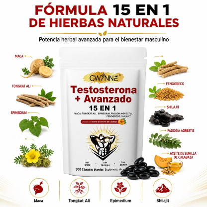 GWYNNE 15‑en‑1 Testosterona Avanzado Suplemento 300 Cápsulas con Maca,Tongkat Ali y Shilajit
