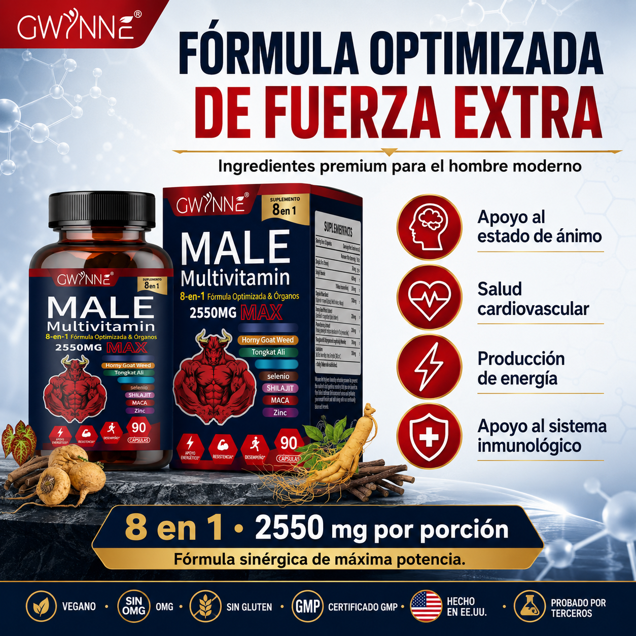 Gwynne Multivitamina Para Hombre 90 Cápsula,8 En 1 Multivitaminas Para Hombres Diarias 2550 Mg Max Con Zinc,shilajit,horny Goat Weed,etc,apoyo A La Energía Físicas