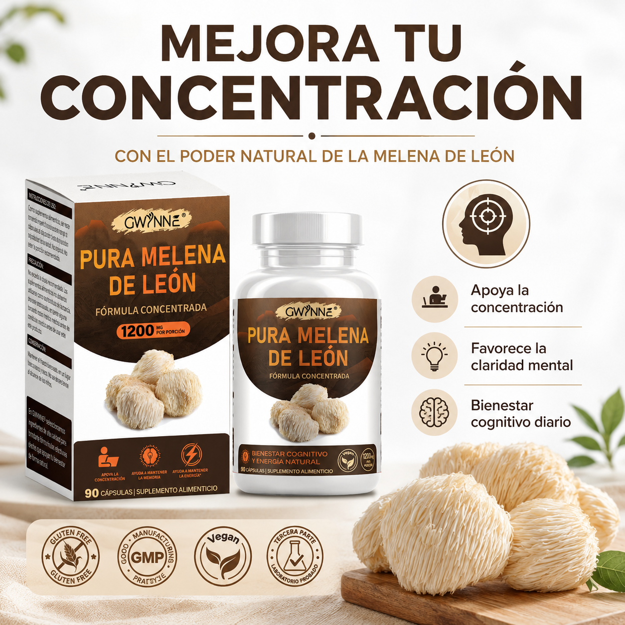 GWYNNE Pura Melena de León 1200 mg,apoyo Foco y cognición,90 Cápsulas