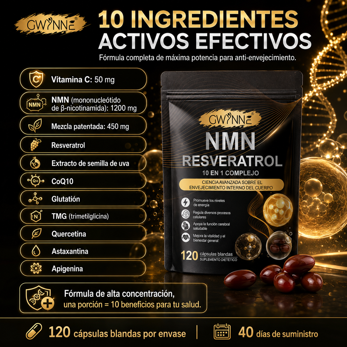 Gwynne Nmn Resveratrol 10 En 1 Complejo 1200mg Suplemento Con Resveratrol,coq10 Y Glutatión,aumentar La Energía Celular, Apoyar La Salud Cerebral Y El Anti-envejecimiento,120 Cápsulas