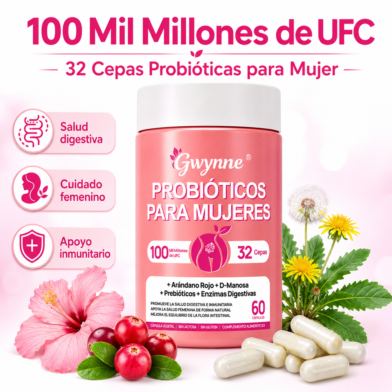 Gwynne Vaginal Probióticos Para Mujeres 100m Ufc + 32cepas,conprebioticos,enzimas Digestivas,arándano Rojo Y D-manosa, Apoyo Vaginal Y Digestivo,60 Cápsulas