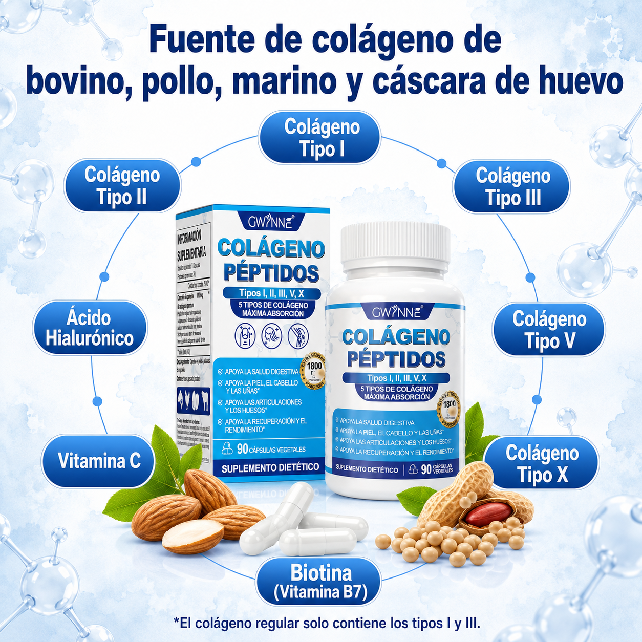 Gwynne Péptidos De Colágeno Múltiples 1800 Mg Complejo 90 Cápsulas-tipo I,ii,iii,v,x Complejo De Colágeno Premium Para Una Mejor Piel Y Cabello,articulación Fuerte,proteína Hidrolizada