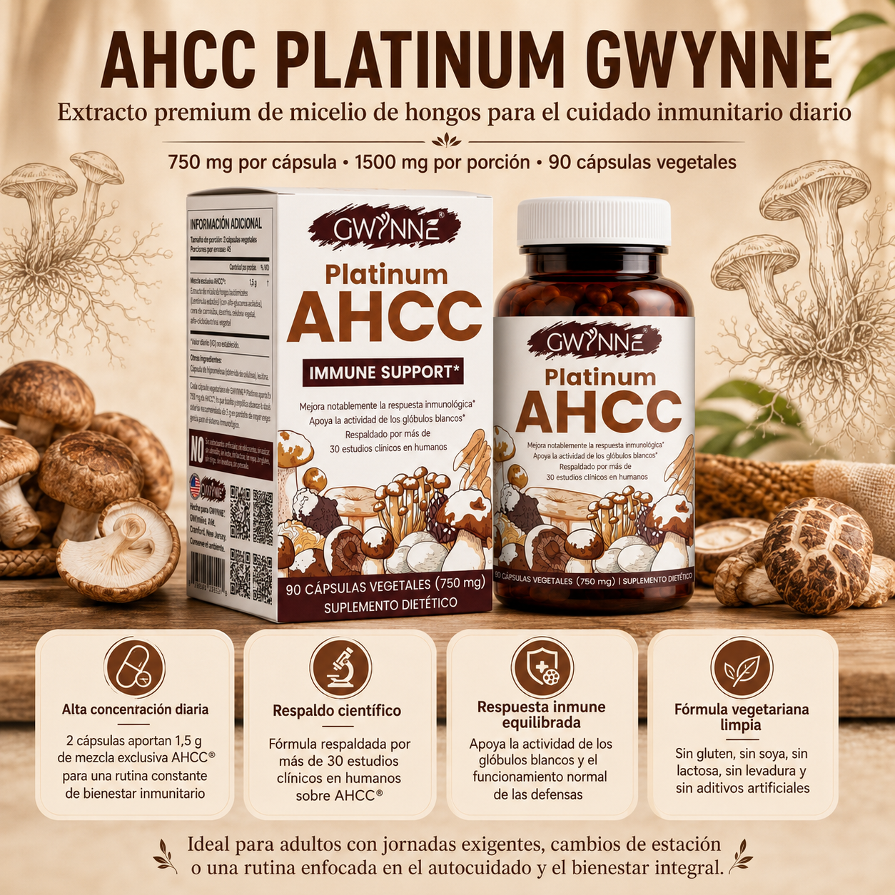 GWYNNE Suplemento Vegetal Platinum AHCC 750 mg,90 Cápsulas