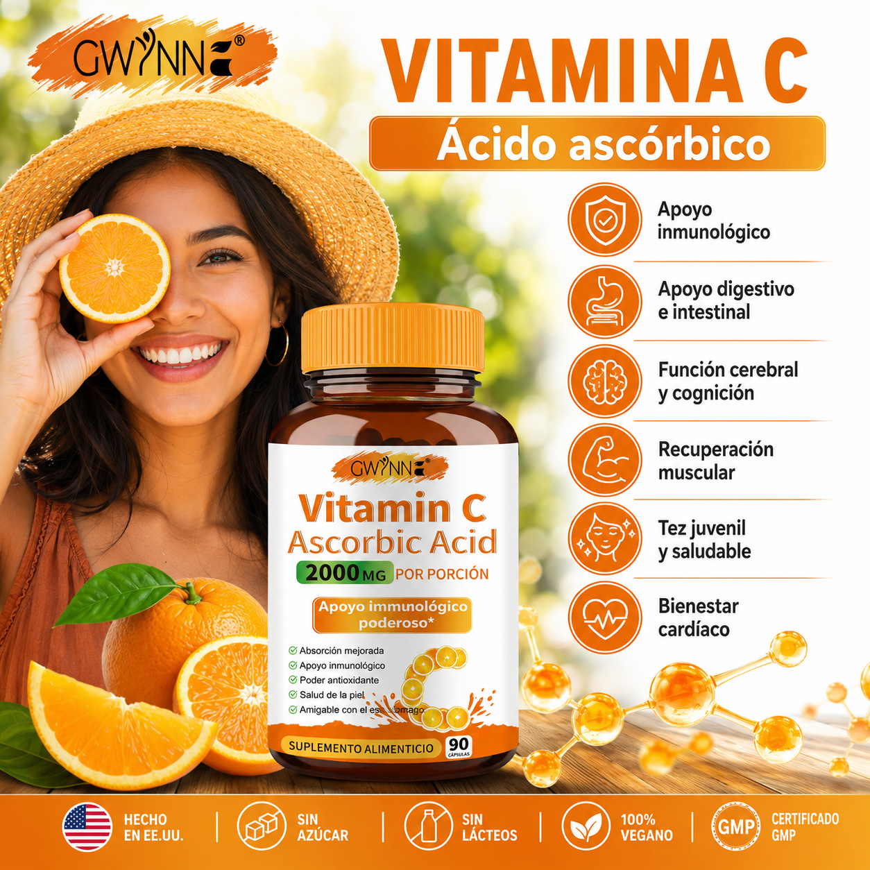 Gwynne Ácido Ascórbico Puro De Vitamina C 2000mg,90 Cápsulas,formas Solubles En Grasa Y Agua Altamente Biodisponibles,antioxidante Y Suplemento De Apoyo Inmunológico