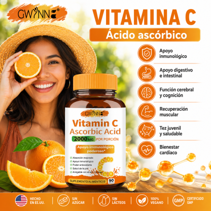 Gwynne Ácido Ascórbico Puro De Vitamina C 2000mg,90 Cápsulas,formas Solubles En Grasa Y Agua Altamente Biodisponibles,antioxidante Y Suplemento De Apoyo Inmunológico