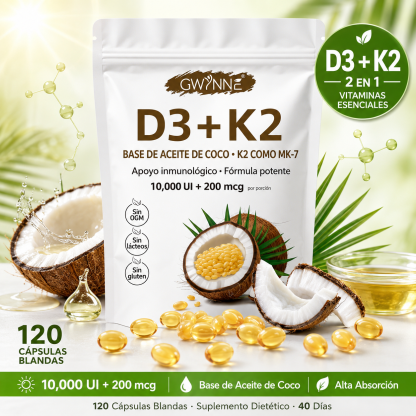 Gwynne Vitamina D3 10.000ui + K2 Mk-7 200mcg,120cápsulas  2 En 1 Aceite De Coco Vírgenapoyo Óseo,inmunológico Y Cardíaco