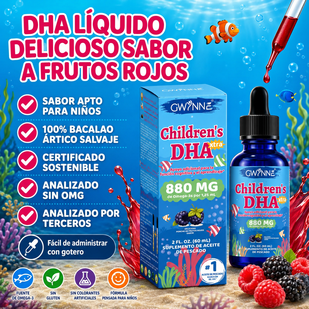 Gwynne Dha Xtra Gotas,berry Punch Para Niños 60ml - 880 Mg Total Omega-3 Con Epa Y Dha - Función Cognitiva E Inmune, Aprendizaje,desarrollo Social,48 Porciones