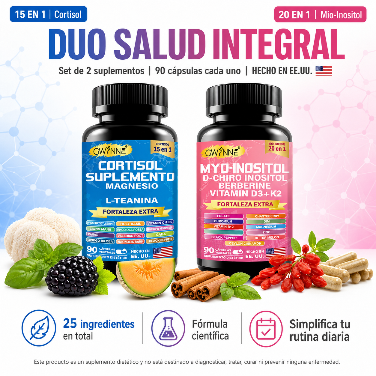 Gwynne Suplemento De Cortisol 90 Cápsulas + Suplemento De Inositol Myo-inositol Y D 90 Cápsulas,con Glicinato De Magnesio,vitamina B12 Y K2