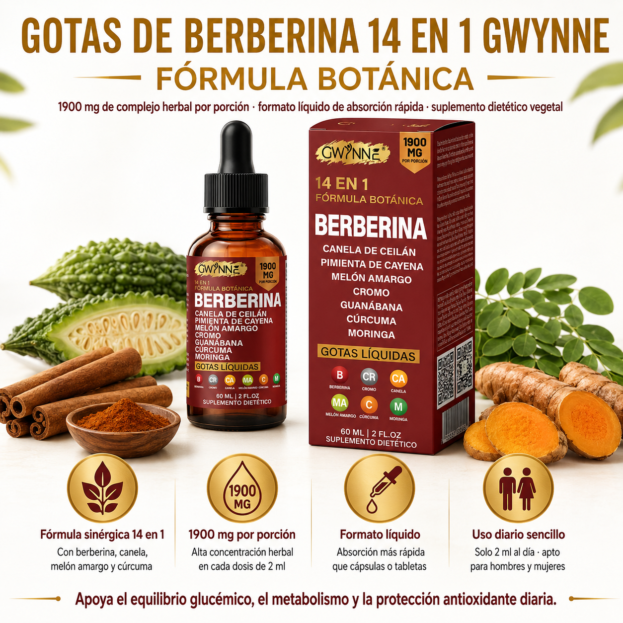 GWYNNE Suplemento Dietético Gotas Líquidas de Berberina 60ml 14 en 1 Fórmula 1900 mg,con Pimienta Cayenne,Canela de Ceilán,Melón Amargo,Cúrcuma y Moringa