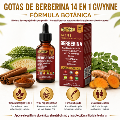 GWYNNE Suplemento Dietético Gotas Líquidas de Berberina 60ml 14 en 1 Fórmula 1900 mg,con Pimienta Cayenne,Canela de Ceilán,Melón Amargo,Cúrcuma y Moringa