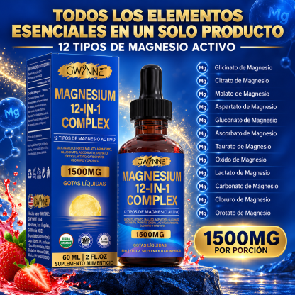 GWYNNE Complejo de Magnesio 12 en 1 Gotas Líquidas 1500mg,60ml,con Glicinato de Magnesio,Citrato de Magnesio,Malato de Magnesio,etc,para Bienestar Nervioso y Relajación