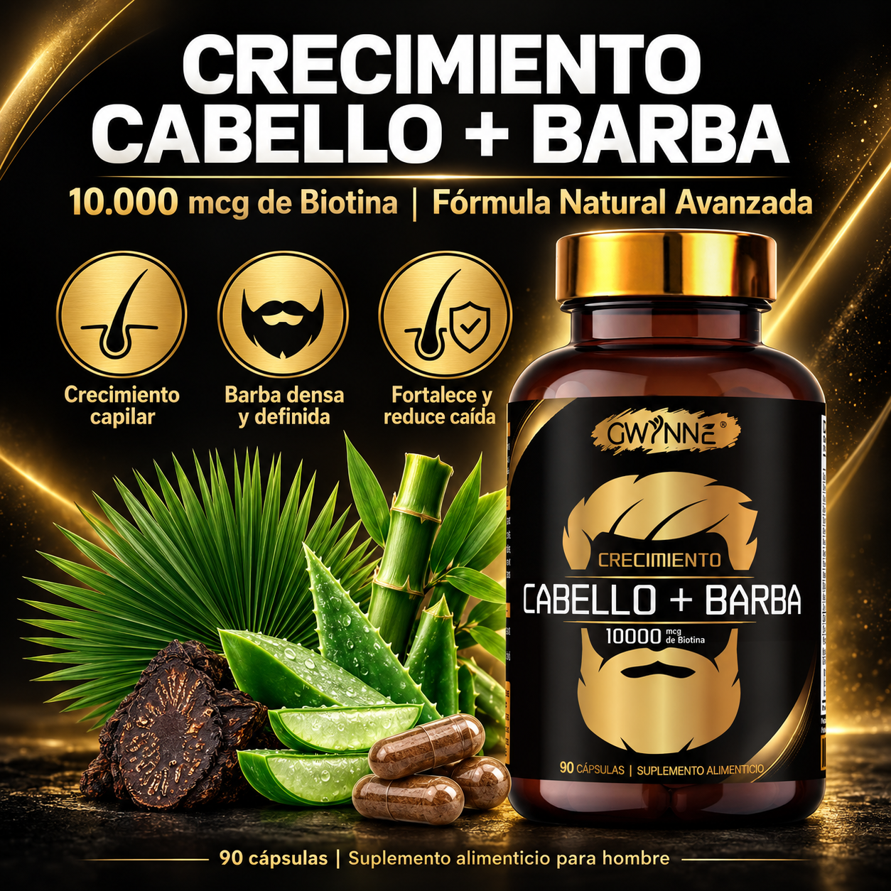 Gwynne crecimiento Cabello y Barba Suplemento 90 Cápsulas con Biotina,Zinc