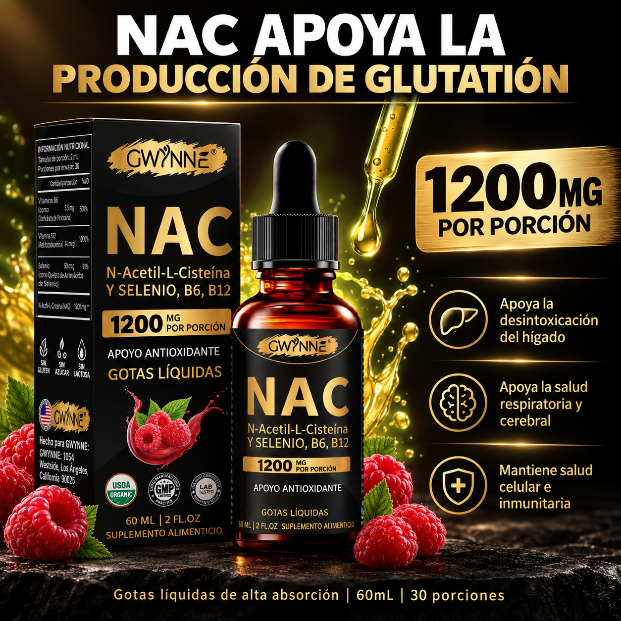 Gwynne Nac N-acetil-l-cisteína 1200mg Gotas 60ml, Con Vitamina B6,B12 Y Selenio,apoyo Antioxidante,inmunológico Y Respiratorio