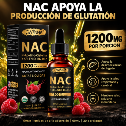 Gwynne Nac N-acetil-l-cisteína 1200mg Gotas 60ml, Con Vitamina B6,B12 Y Selenio,apoyo Antioxidante,inmunológico Y Respiratorio