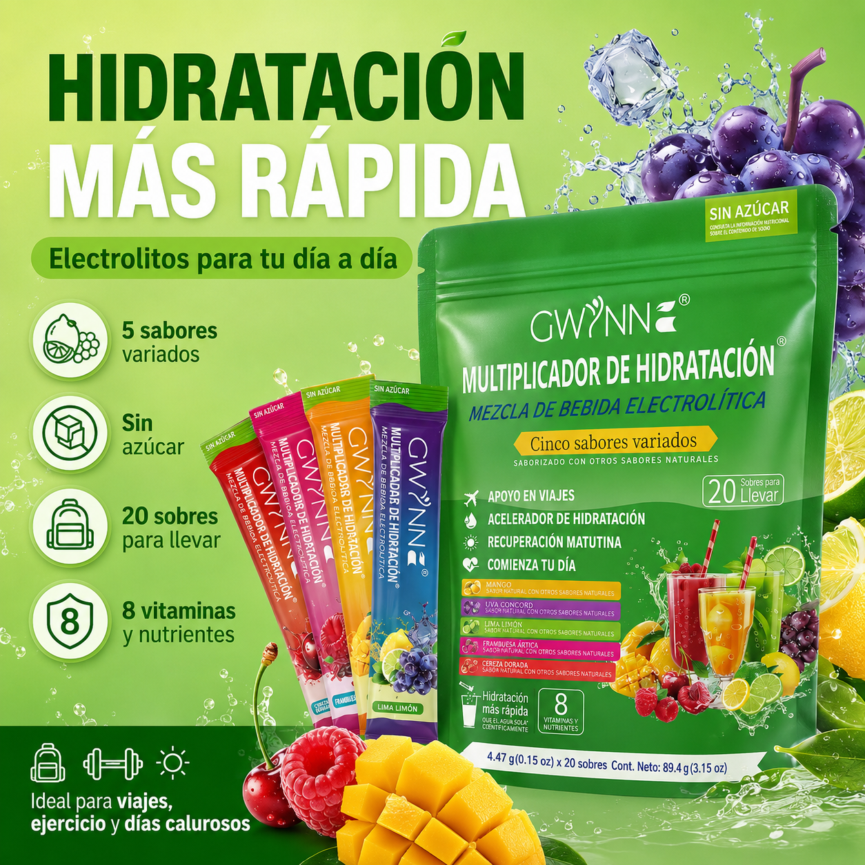 Gwynne Multiplicador De Hidratacion Mezcla De Bebida Electrolitica,supercalm Nutricional Bebidas Mixtas En Polvo Con Sodio ,vitamina C Y B12,sabores Mixtos 20 Unidade