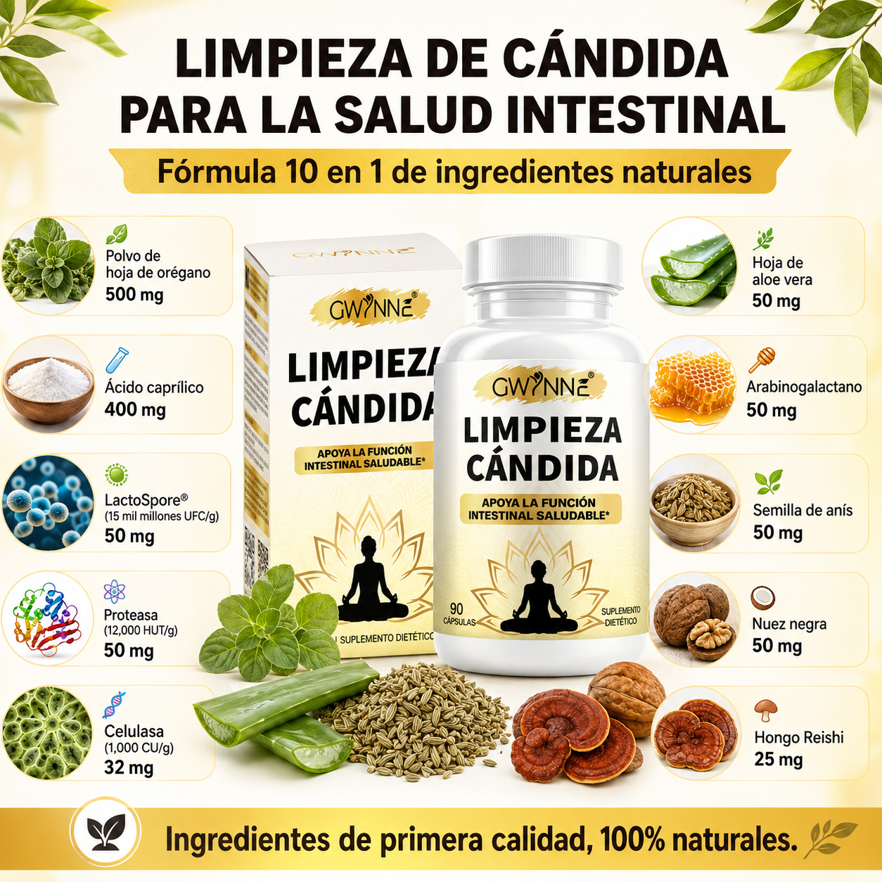Gwynne Limpieza Cándida 90 Cápsulas Con Orégano,ácido Caprílico Y Probióticos,gut Y Colon Support,desintoxicación Intestinal