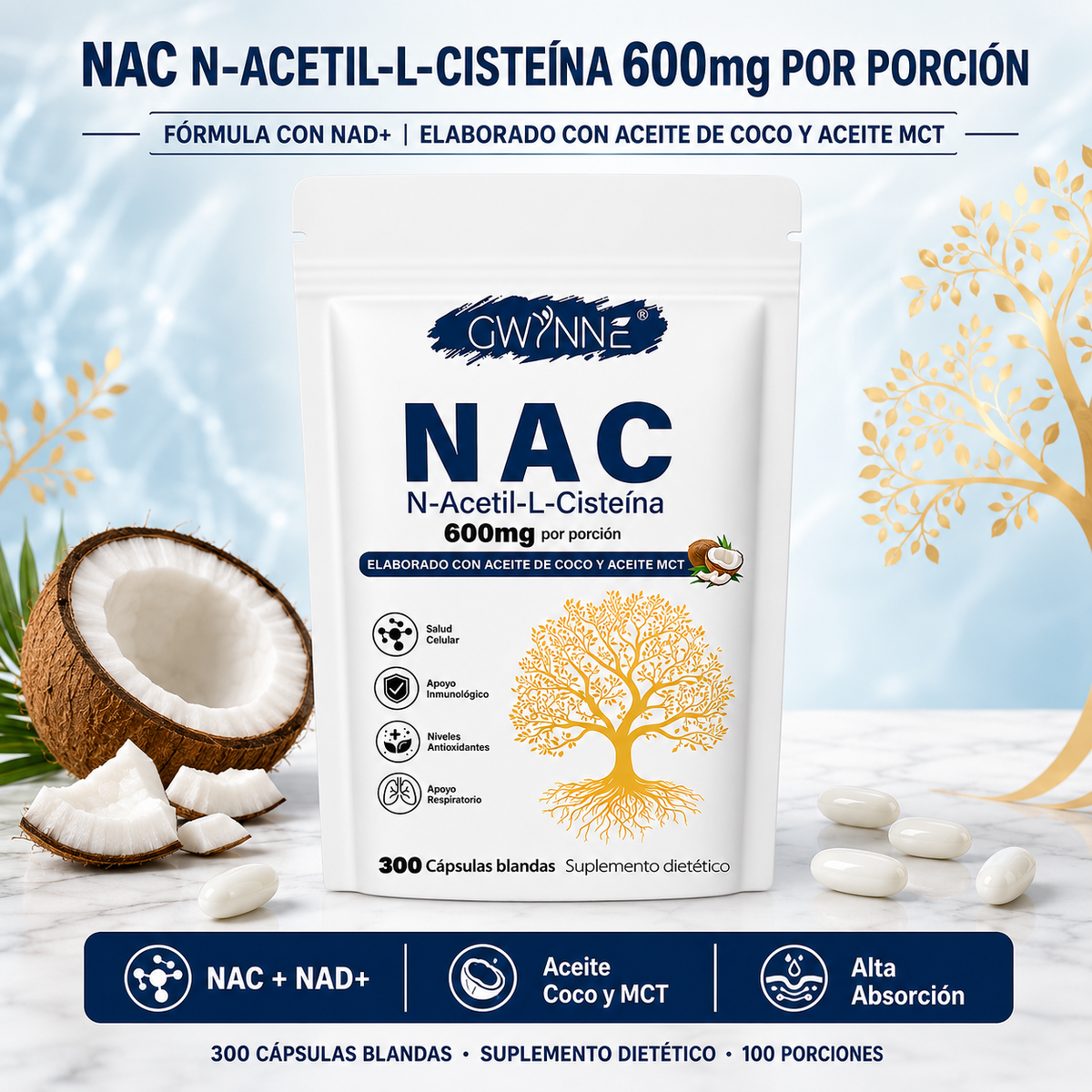 Gwynne Nac N-acetil-l-cisteína 600 Mg 300 Cápsulas,con Dinucleótido De Adenina Y Nicotinamida, Propiedades Antioxidantes,favorece Las Defensas Naturales Y El Bienestar Respiratorio General 