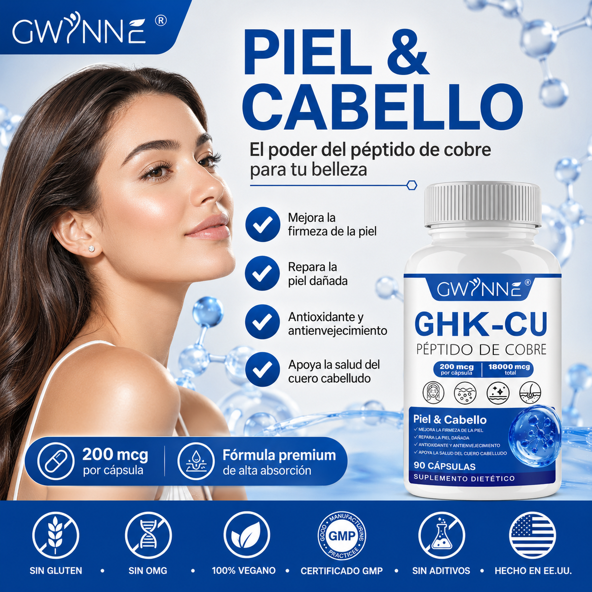 Gwynne Péptido De Cobre Ghk-cu 200mcg,90 Cápsulas De Alta Potencia Promueve La Reparación De La Piel,la Elasticidad Radiante De La Piel,el Anti-envejecimiento Y El Apoyo Al Crecimiento Del Cabello
