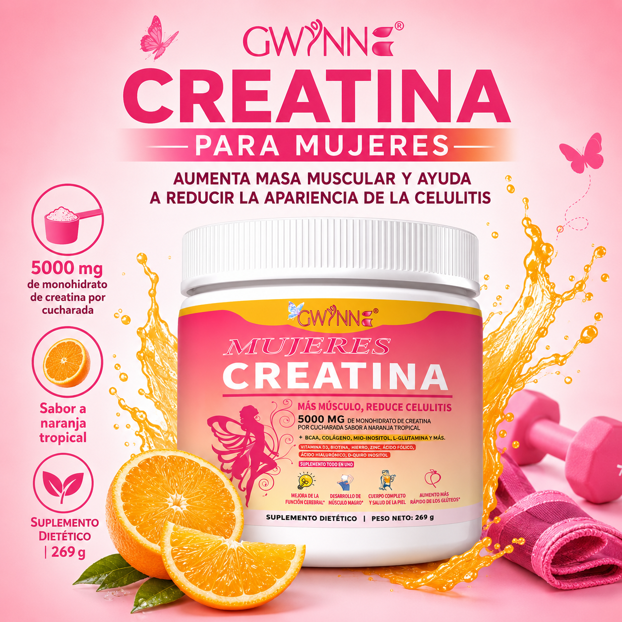 Gwynne Suplemento De Creatina Para Mujeres 269g-5000mg De Creatina,con Colágeno,mioinositol Y Bcaa,apoya El Desarrollo Muscular,la Elasticidad De La Piel,el Cabello Saludable Y Las Uñas