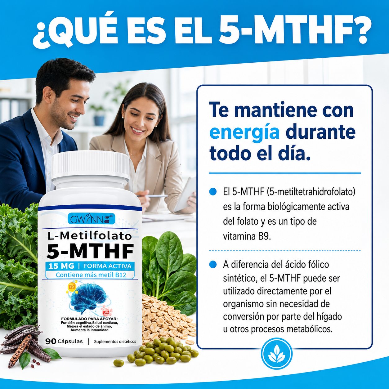 Gwynne L-metilfolato 15mg Plus Metil B12 Cofactor,alta Potencia,forma Activa De 5-mthf,soporta El Mood,metilación Y Cognición,90 Cápsulas,formas Bioactivas De Vitamina B12