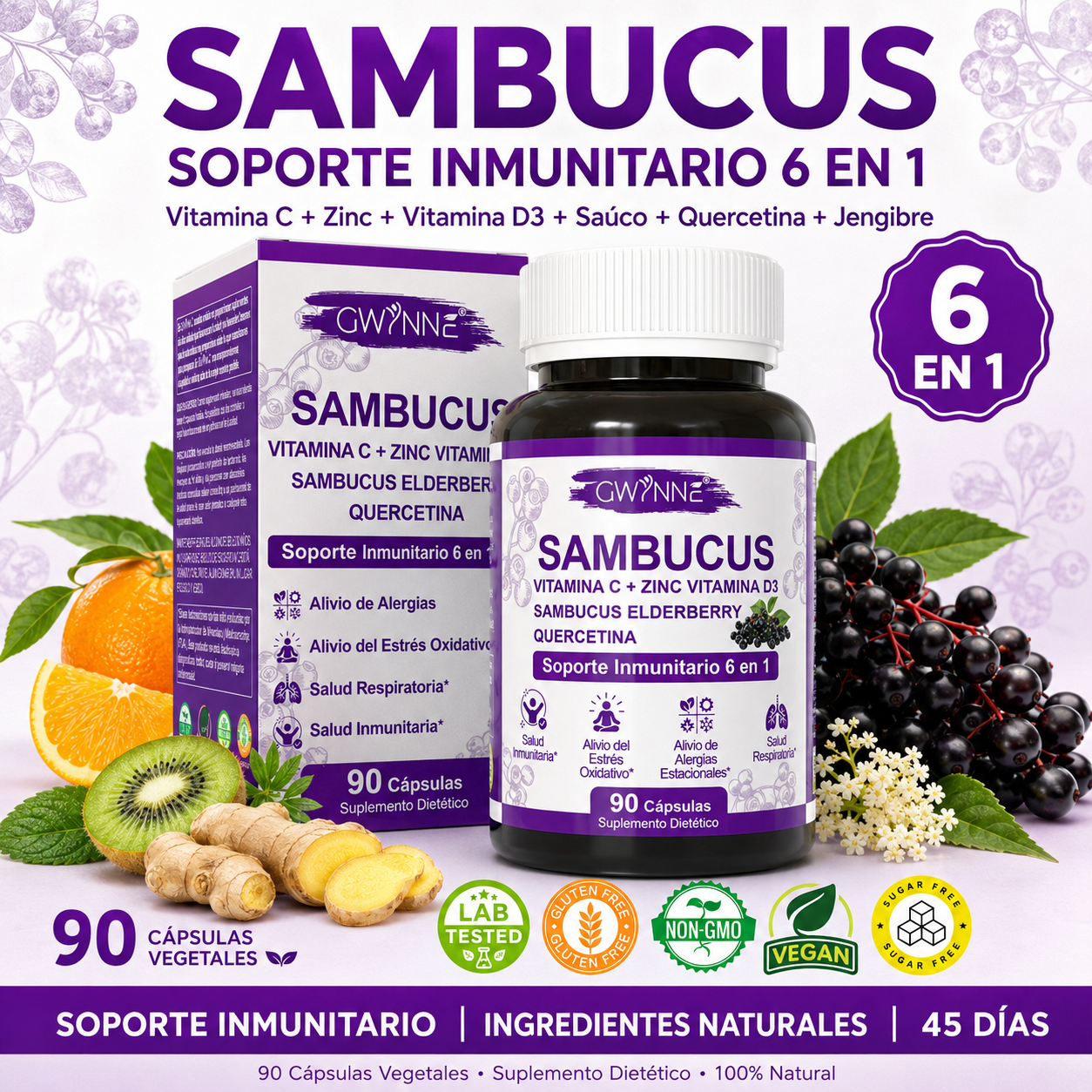 Gwynne Sambucus 6 En 1 Suplemento Con Extracto De Sauco 1000mg,vitamina C,d3,zinc Y Quercetina,soporte Inmunitario,alivio De Alergias Y Salud Respiratoria,90 Cápsulas