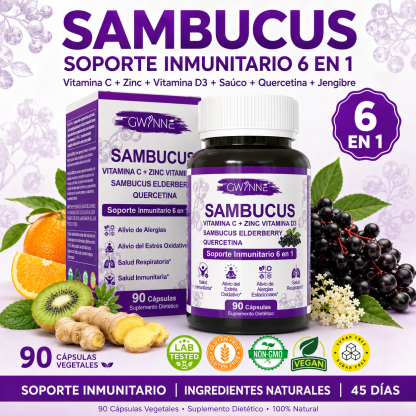 Gwynne Sambucus 6 En 1 Suplemento Con Extracto De Sauco 1000mg,vitamina C,d3,zinc Y Quercetina,soporte Inmunitario,alivio De Alergias Y Salud Respiratoria,90 Cápsulas