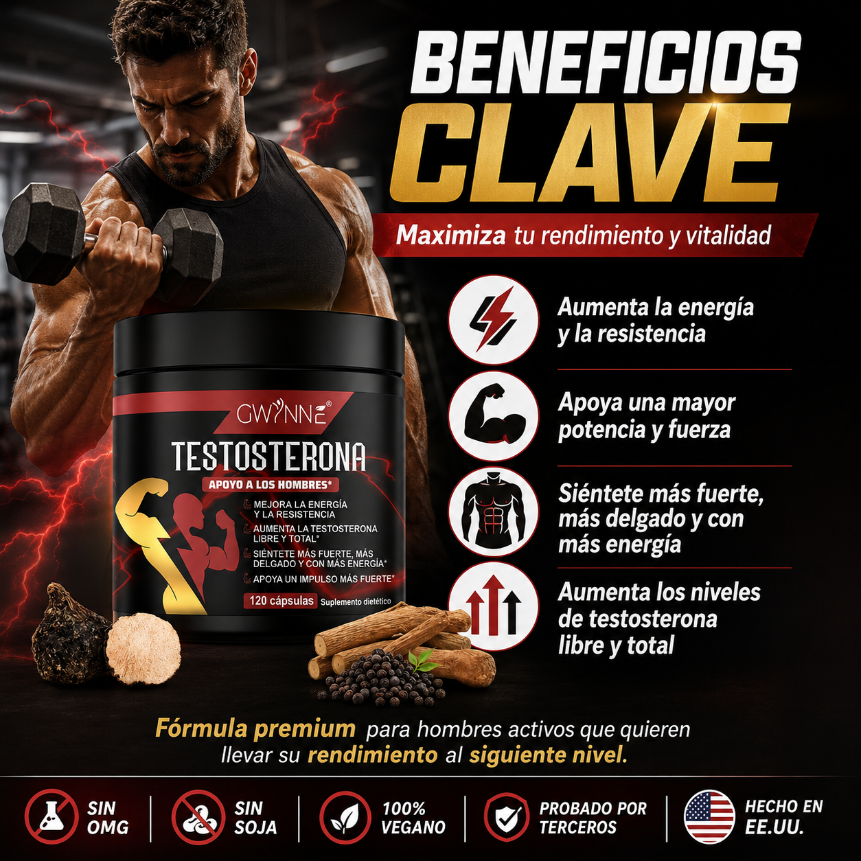 Gwynne Testosterone Supplement Para Hombres,con Extracto De Raiz De Tongkat Ali 500mg,maca,arginina,creatina,ayuda Crecimiento Muscular,recuperación,conducción Y Resistencia,120capsules
