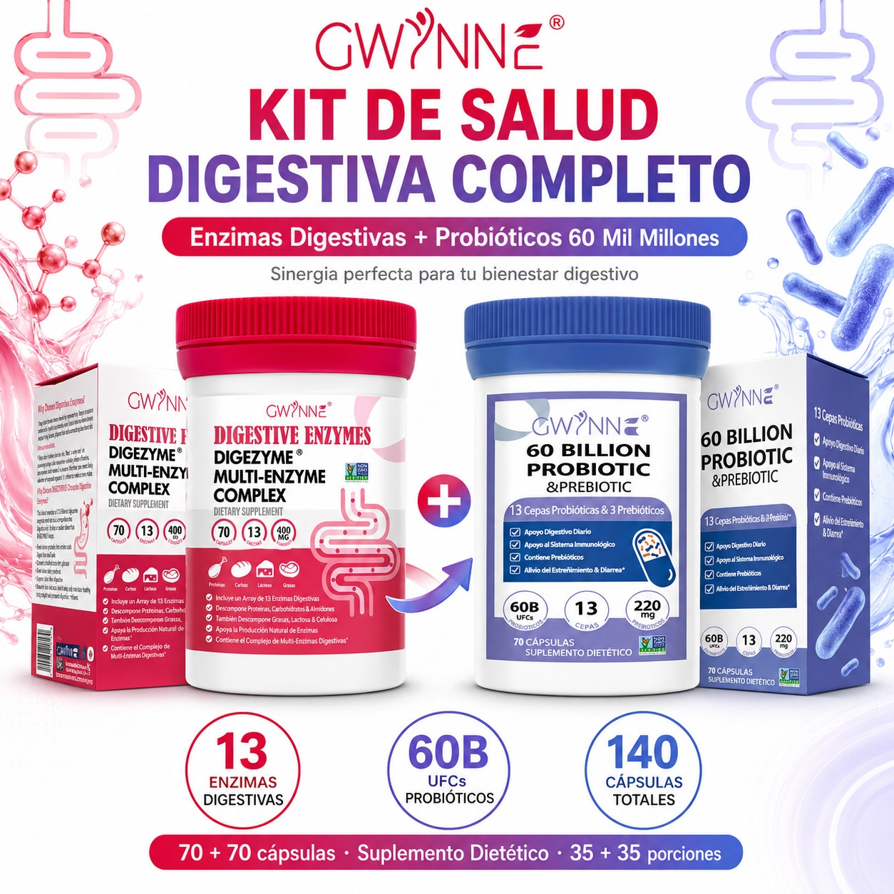 Gwynne Paquete Avanzado Salud Intestinal:Vaginal probióticos 60 Billion De Ucf 70Cápsula Y Enzimas Digestivas 400mg 70Cápsula,para Salud Digestiva Y Salud Intestinal,apoya El Estreñimiento Ocasional