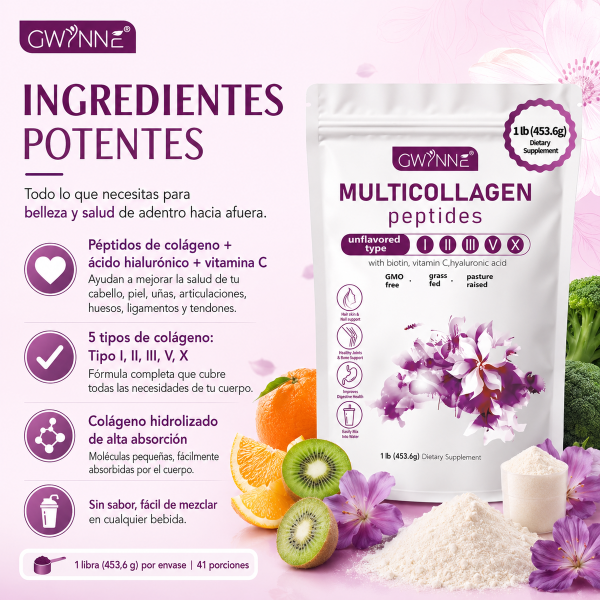 Gwynne Multi Collagen Peptides Powder 1lb 453.6g,con proteina,colageno,Biotina,vitamin C Y Hyaluronic Acid,apoya La Salud Del Cabello, La Piel Y Las Articulaciones