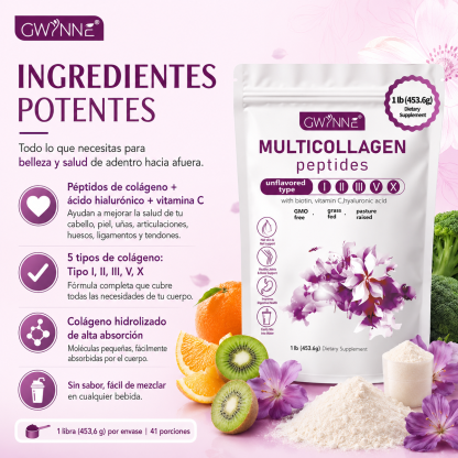 Gwynne Multi Collagen Peptides Powder 1lb 453.6g,con proteina,colageno,Biotina,vitamin C Y Hyaluronic Acid,apoya La Salud Del Cabello, La Piel Y Las Articulaciones