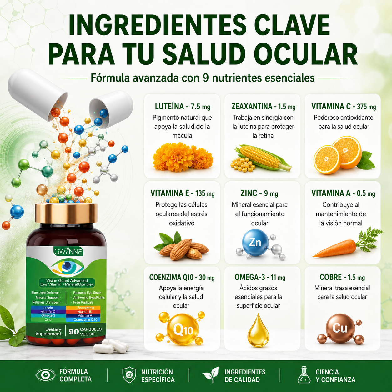 Gwynne Lutein Eye Vitamin Supplement 90 Cápsulas Suplemento Nutricional Para La Salud Macular Y El Ojo Seco Con Luteína, Zinc, Vitamina C/e Y Zeaxantina
