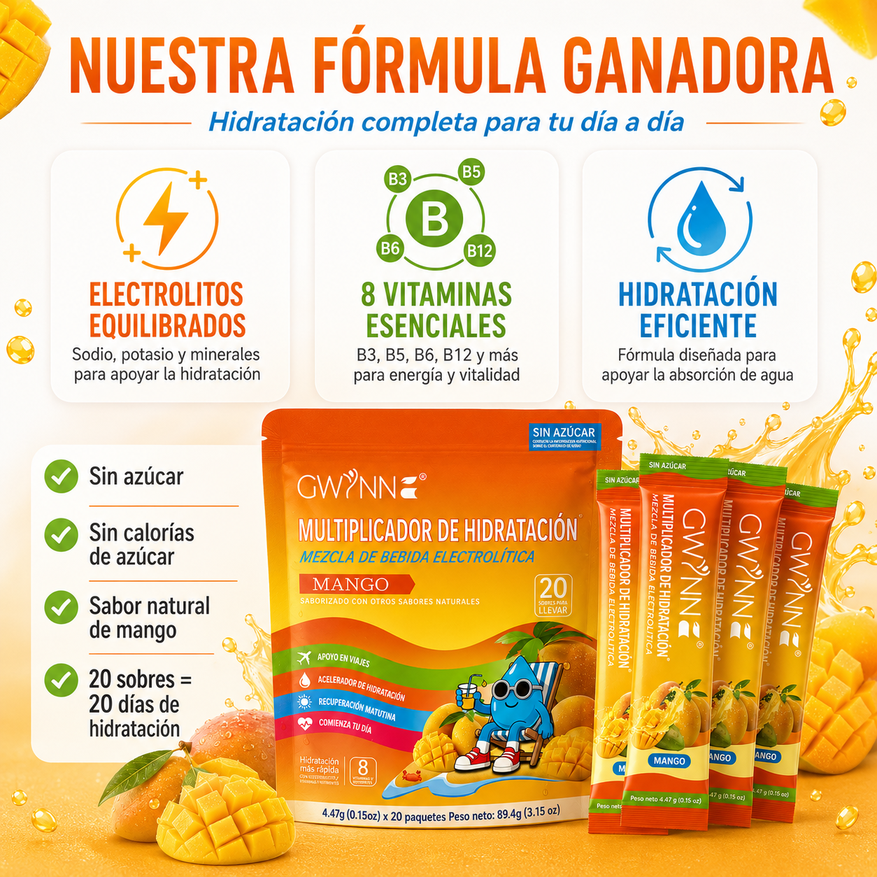 Gwynne Multiplicador De Hidratacion Mezcla De Bebida Electrolitica,supercalm Nutricional Bebidas Mixtas En Polvo Con Sodio ,vitamina C Y B12,sabor A Mango 20 Unidade