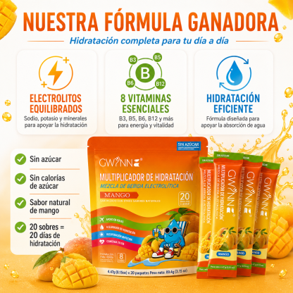 Gwynne Multiplicador De Hidratacion Mezcla De Bebida Electrolitica,supercalm Nutricional Bebidas Mixtas En Polvo Con Sodio ,vitamina C Y B12,sabor A Mango 20 Unidade