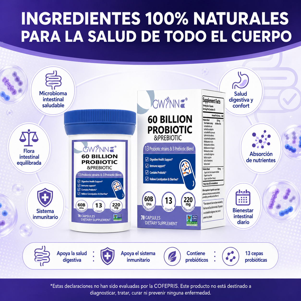 Gwynne vaginal Probióticos 60 Billion De Ucf 70 Cápsula,13Strains + 3Prebióticos Mezcla,salud Inmune,digestiva E Intestinal-Apoya El Estreñimiento,la Diarrea,apoyo Inmunológico Para Mujeres Y Hombres